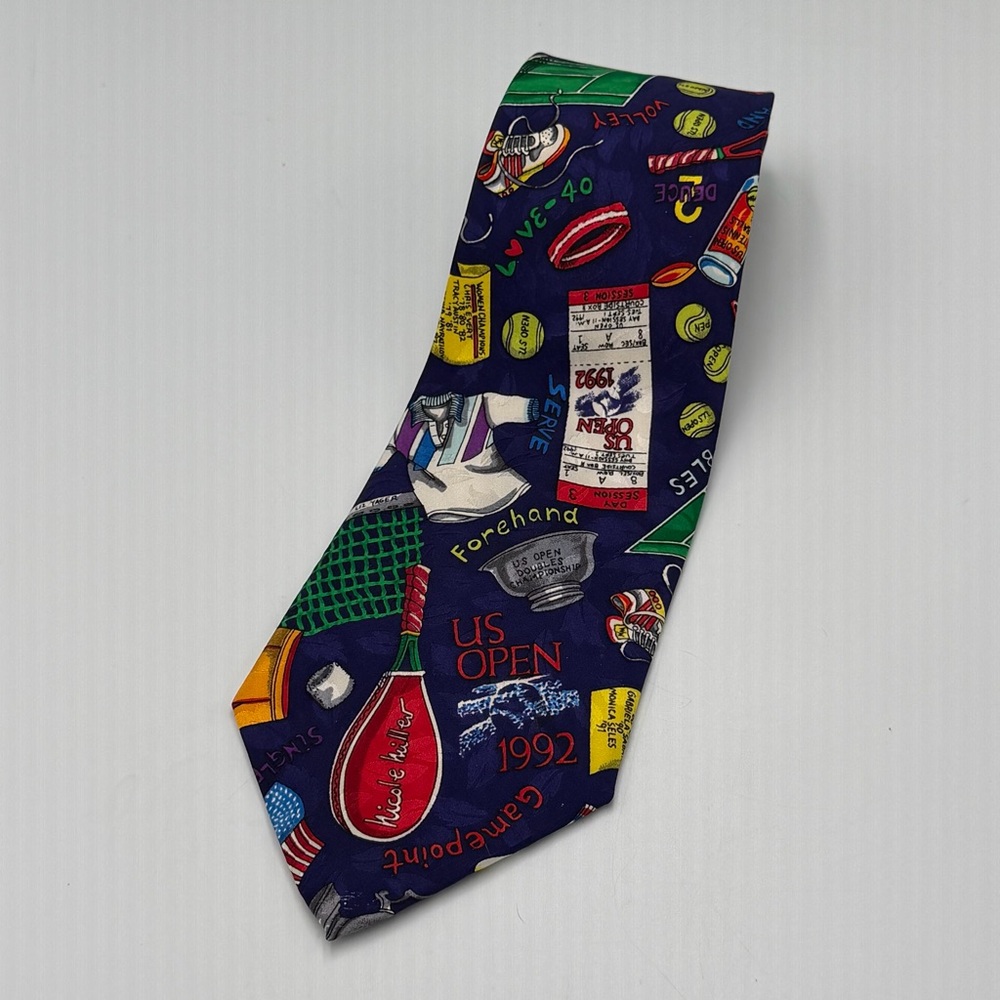 Vintage Nicole Miller US Open Tennis 100% Silk Hand Seen Print Tie Necktie 1992